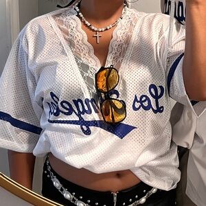 Fashion Nova White and Blue Lace Jersey Top